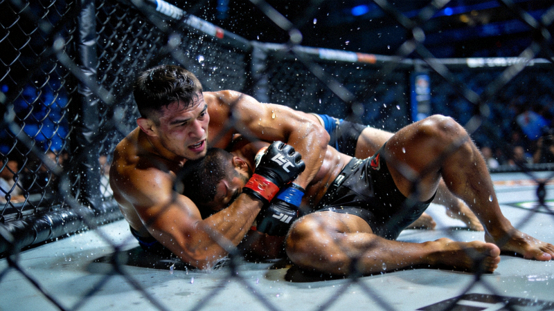 UFC综合格斗比赛八角笼内，两位选手正在进行地面缠斗，肌肉线条分明，场面紧张激烈