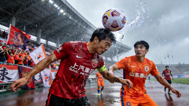 中国足球超级联赛比赛现场，上海海港队球员与山东泰山队球员在雨中争抢头球，球场气氛热烈