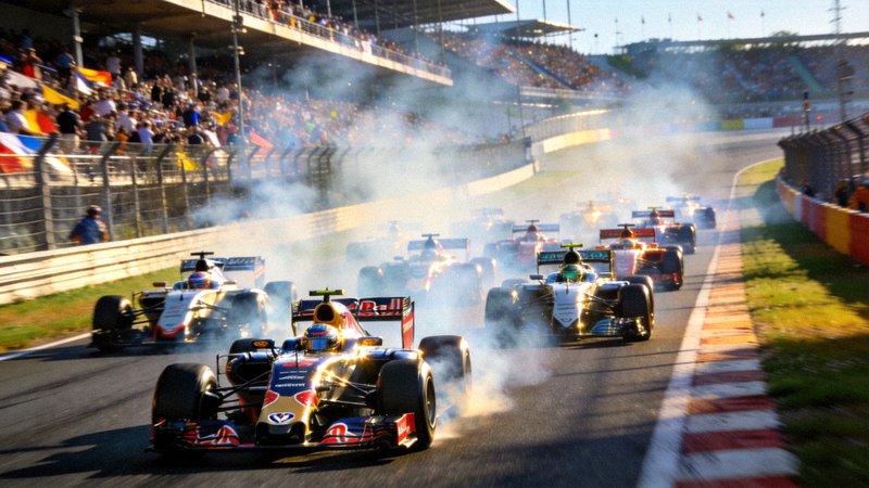 F1赛车比赛精彩集锦，多辆赛车在发车直道争夺位置